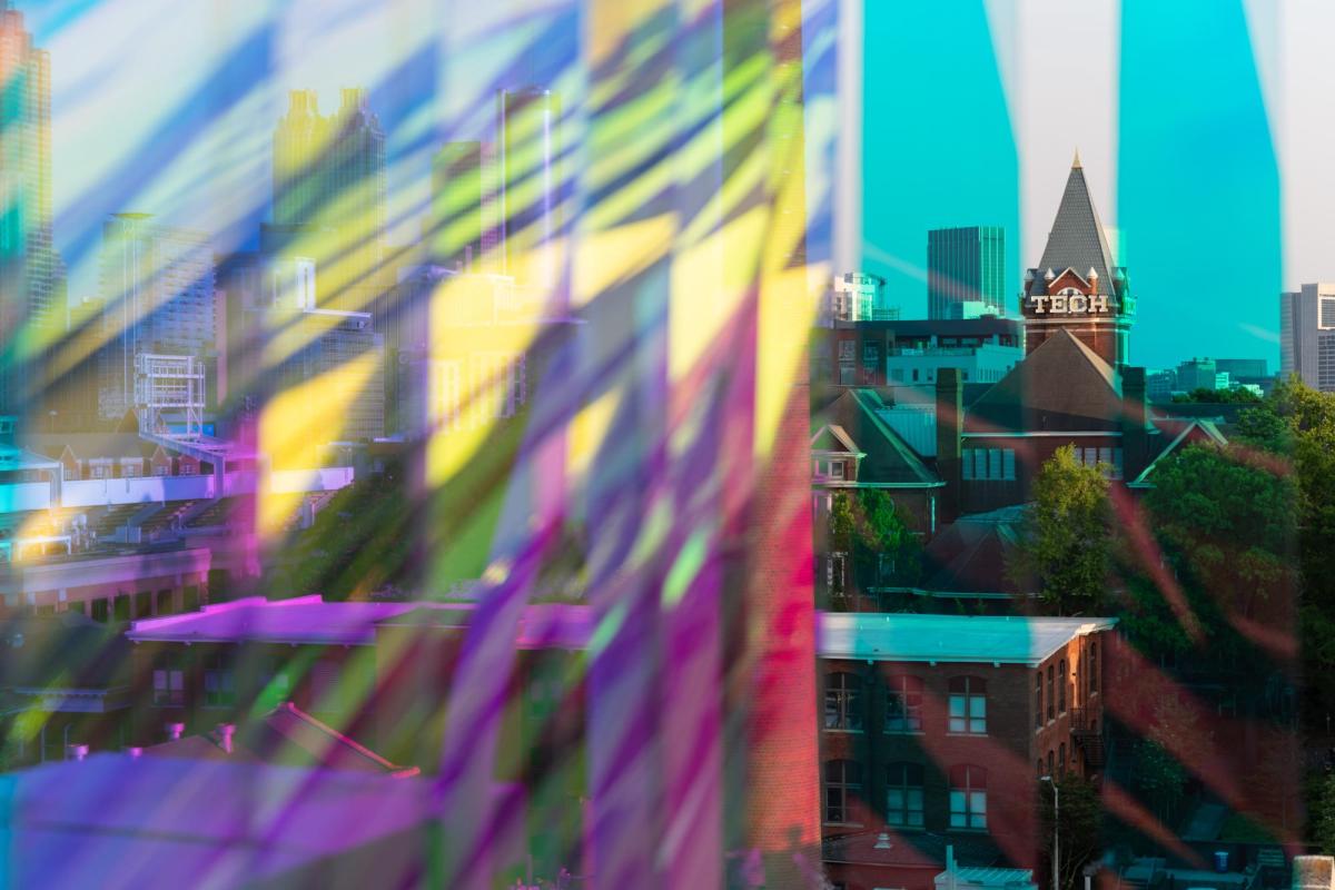Tech Tower as seen through a stained glass window